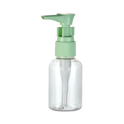 Tamaño de viaje Botella redonda de PET de 50 ml con bomba de clip 20/410 hecha de material transparente